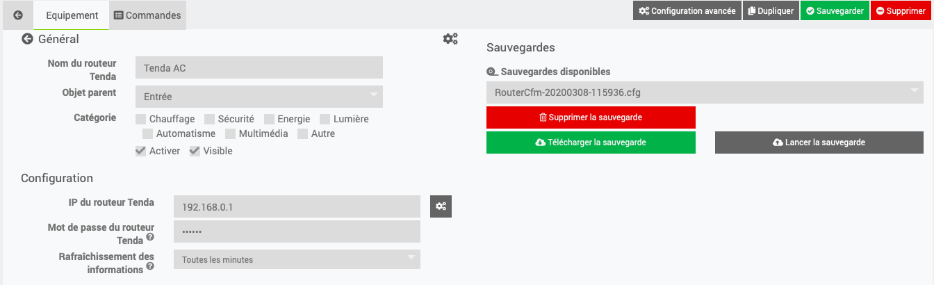 Page de configuration